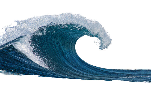 Crashing ocean wave with white foam crest, isolated on transparent background
