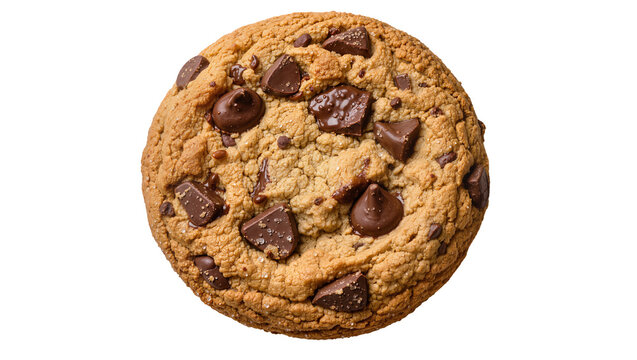 Golden brown chocolate chip cookie with chunks of dark chocolate, isolated on transparent background
