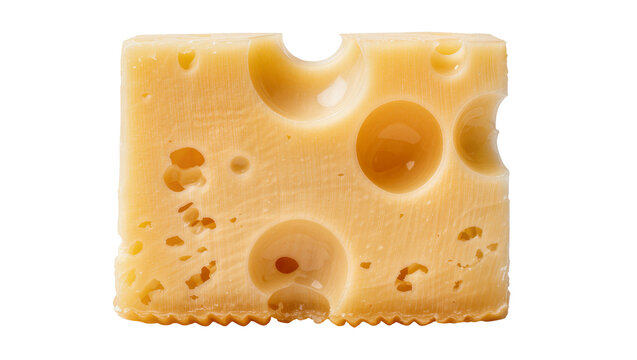 Yellow Swiss cheese block with large holes, isolated on transparent background