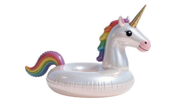 Shiny white inflatable unicorn pool float with rainbow mane and tail, isolated on transparent background