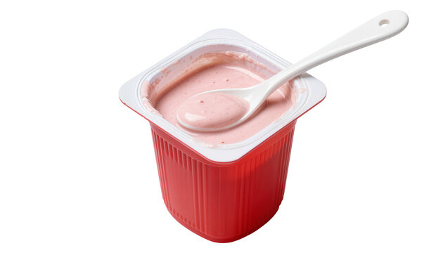 Red plastic yogurt cup with strawberry yogurt and white spoon, isolated on transparent background