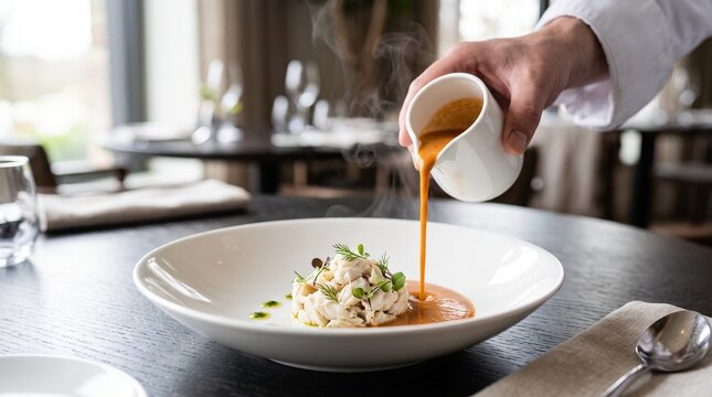 Chef pouring hot steaming lobster bisque broth over fresh crab meat dish at fine dining restaurant table depicting gourmet food service