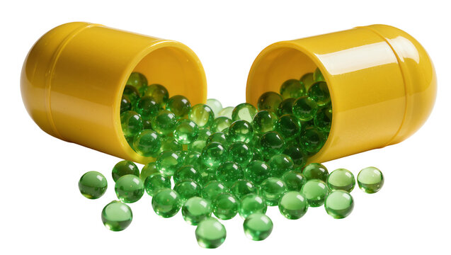 Yellow open capsule spilling out green translucent spheres, isolated on transparent background