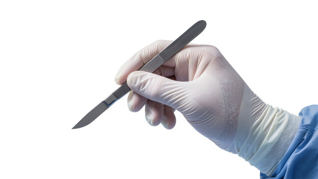 Surgeon s hand in latex glove holding scalpel, isolated on transparent background
