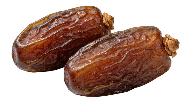 Two plump wrinkled dark brown dates with visible sugar crystals, isolated on transparent background