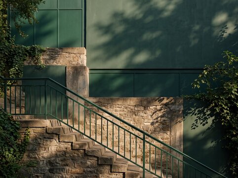 Outdoor stone staircase with green metal handrail