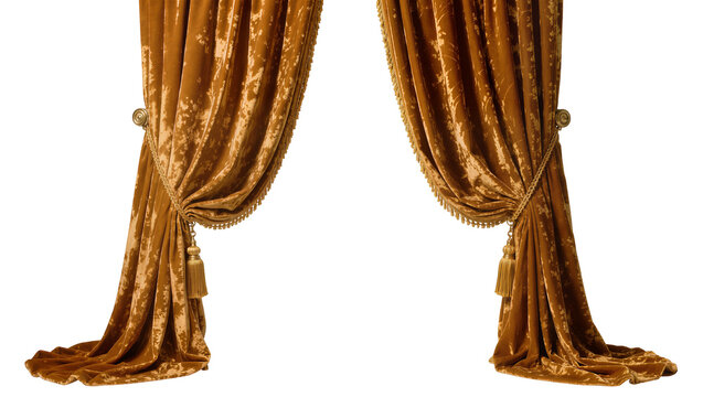 Luxurious gold crushed velvet curtains with ornate tie-backs and tassels, isolated on transparent background