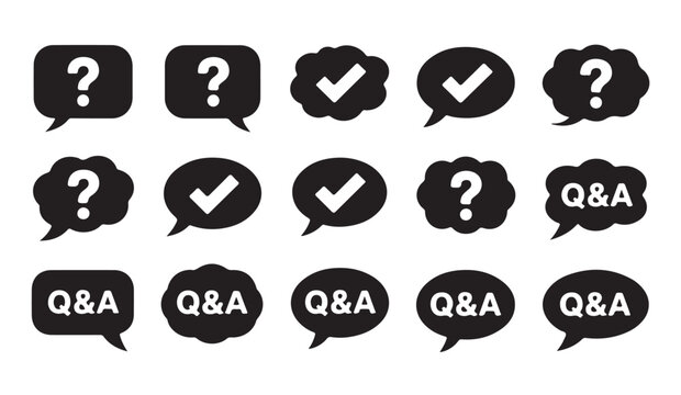 Black check mark and question mark speech bubbles set provides icons for frequently asked questions design.