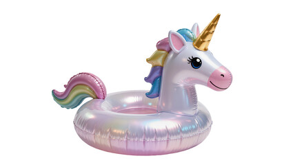 Iridescent inflatable unicorn pool float with golden horn, isolated on transparent background © Aliona