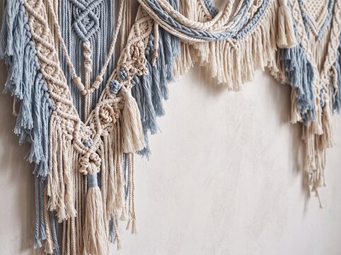 Handmade blue and cream macrame wall hanging tapestry