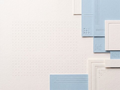 Minimalist Geometric Paper Art Design with Blue and White Embossed Shapes and Dot Grid Background