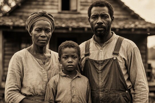 African American family portrait shows mother father, child. Three people stand together in front of rustic wooden house. Black heritage theme unity strength, resilience. Family members pose for