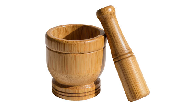 Natural bamboo mortar and pestle set kitchen utensil, isolated on transparent background