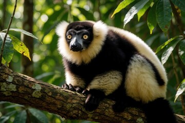 Naklejka premium Black, white ruffed lemur sits on tree branch in Madagascar rainforest. Wild primate with fluffy fur looks at camera in tropical jungle. Endemic Varecia variegata animal rests in green forest habitat