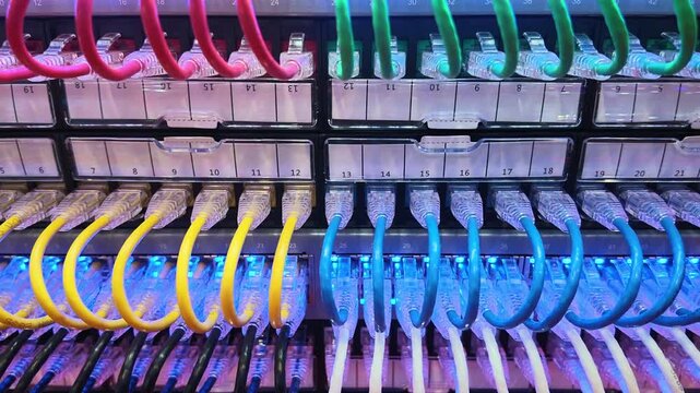 Close Up View of Colorful Ethernet Cables and Network Connections in Server Rack