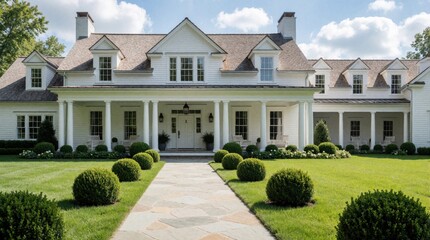 Fototapeta premium Elegant white farmhouse with large front porch, symmetrical design. Manicured green lawn with round shrubs surrounds stone walkway leading to grand entrance. Luxury residential estate features
