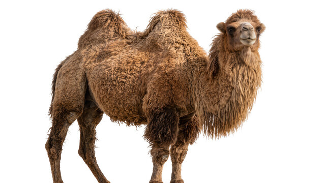 Bactrian camel with two humps shaggy brown fur, isolated on transparent background