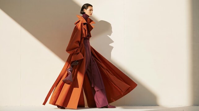 Elegant autumn fashion editorial featuring a stylish woman in a rust trench coat and plum culottes. Bold minimalist backdrop, premium textures, and stunning light define this photorealistic scene.