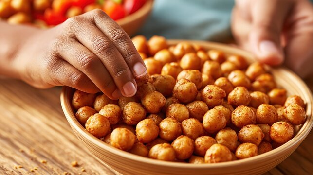 A young child and parent assemble a plant-based grain bowl, focusing on roasted chickpeas. Warm light and close-up details evoke family bonding and healthy eating.