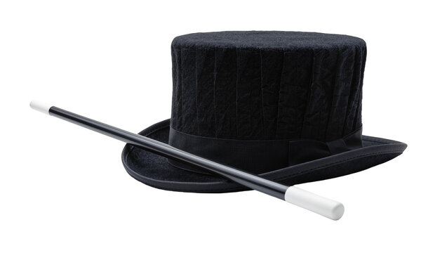 Black velvet top hat with magician s wand, isolated on transparent background