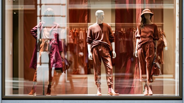 A photorealistic autumn fashion window display features three stylish mannequins in coordinated fall looks. Chic coats, knitwear, and tailored trousers create a polished, urban vibe.
