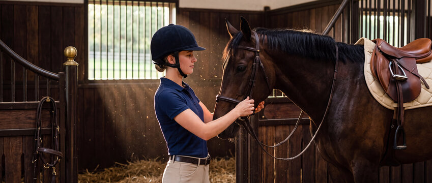 Female equestrian adjusting a horse bridle inside a rustic wooden stable stall, checking leather tack under warm sunbeams for athletic dressage, horseback riding, and ranch themes