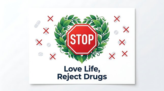 Stop sign surrounded by heart shaped leaves with text Love Life Reject Drugs.