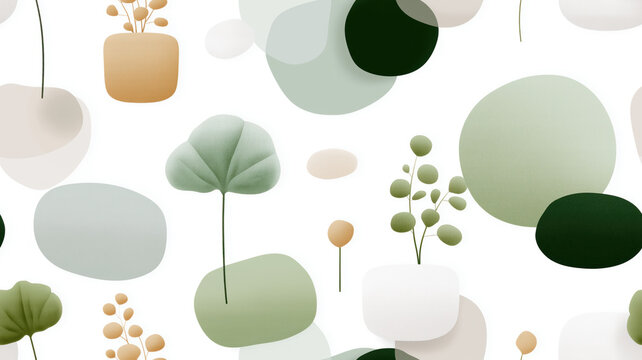 Seamless botanical pattern with stylized plants and leaves. Abstract mid-century modern illustration with organic shapes. Minimalist nature background
