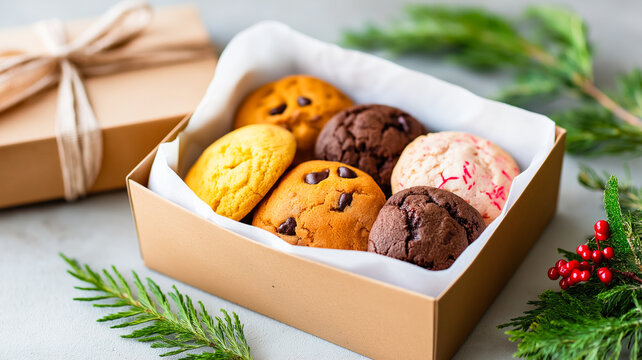 A gift box of assorted cookies for the Christmas holidays. Freshly baked chocolate chip and festive treats. Homemade dessert and holiday baking concept