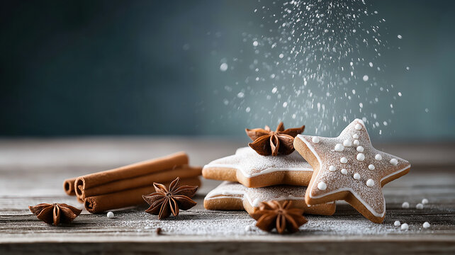 Sprinkling powdered sugar on festive star-shaped Christmas cookies. Homemade gingerbread with cinnamon and anise on a rustic wooden table. Holiday baking concept with copy space