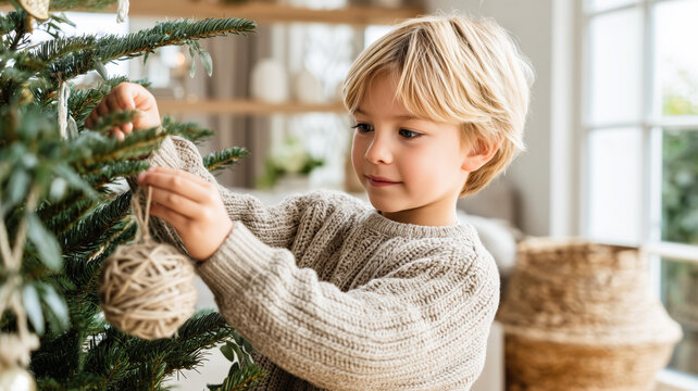 Cute blonde boy decorating Christmas tree with rustic ornament. Child in knitted sweater hanging bauble on fir branch at home. Holiday tradition and childhood concept