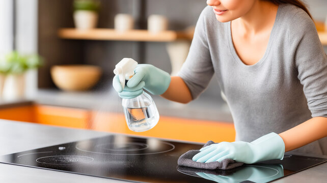 Woman cleaning kitchen stove with spray bottle and microfiber cloth. Housewife in rubber gloves wiping black induction hob surface