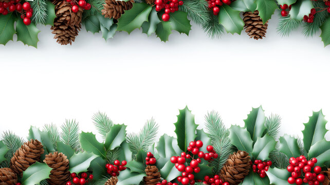 Festive Christmas border with holly, red berries, and pine cones. Winter holiday garland background with copy space. Seamless pattern design element