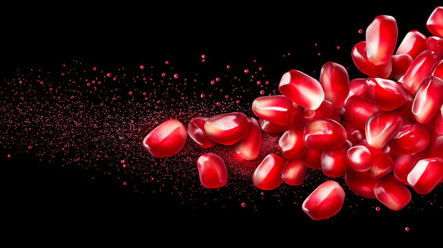 Exploding pomegranate seeds with juice splash isolated on black. Flying red fruit arils in motion. Copy space