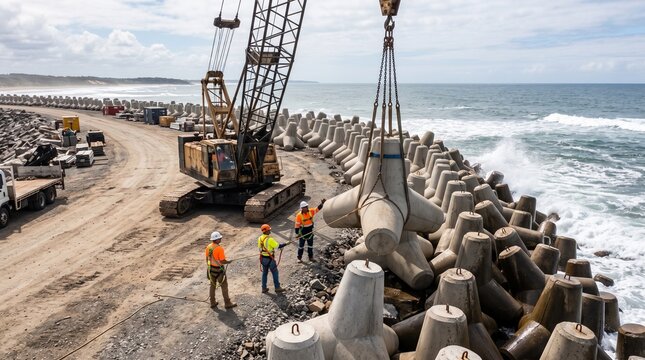 Construction crew using heavy crawler crane to place concrete tetrapod breakwater blocks along coastline depicting coastal protection