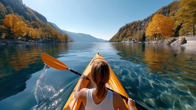 A woman in an orange kayak paddles on a clear mountain lake in autumn. First-person view of an outdoor adventure. Active travel and water sports concept