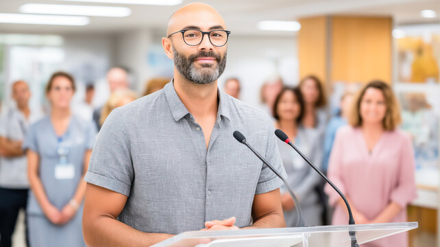 Confident bald man speaking at a podium in a hospital setting. Healthcare administrator giving a press conference with medical staff background
