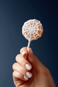 A woman's hand with a neat manicure holding a Halloween spiderweb lollipop. Festive orange candy treat on a dark blue background with copy space