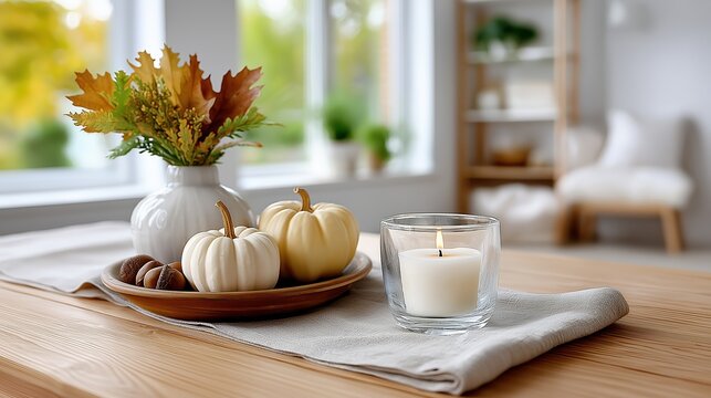 Cozy autumn home decor with pumpkins and a lit candle on a wooden table. Seasonal still life for Thanksgiving. Hygge concept with warm interior background