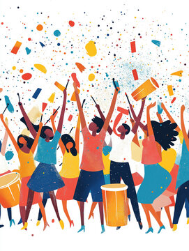 Celebration of joy and unity with diverse people dancing and playing drums, colorful confetti falling, vibrant atmosphere, music festival, cultural event, joyful gathering, festive spirit, community c