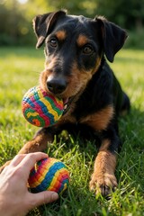 Naklejka premium German Jagdterrier dog holds colorful ball in mouth lying on green grass lawn. Person offers new toy to cute puppy during summer play time. Active pet enjoys outdoor training, fun activity in sunny