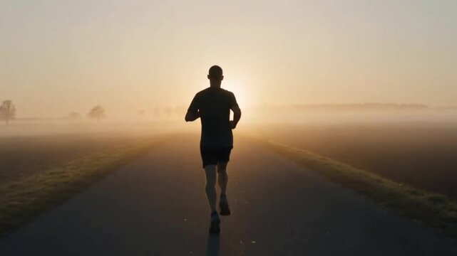Lone runner on empty country road at dawn tracking shot from behind, discipline and perseverance concept