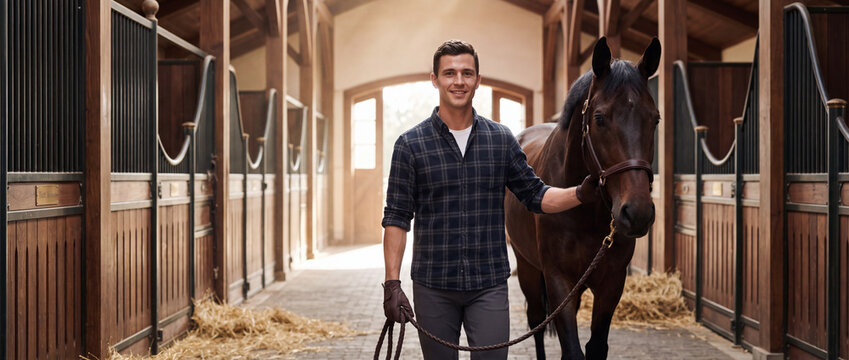 Horse led by smiling equestrian man inside a sunlit wooden stable aisle with spacious stalls and straw, ideal for ranching, equine breeding, and countryside lifestyle
