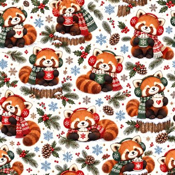 Cute Christmas Red Panda Seamless Pattern with Winter Scarf and Hot Cocoa Xmas Background