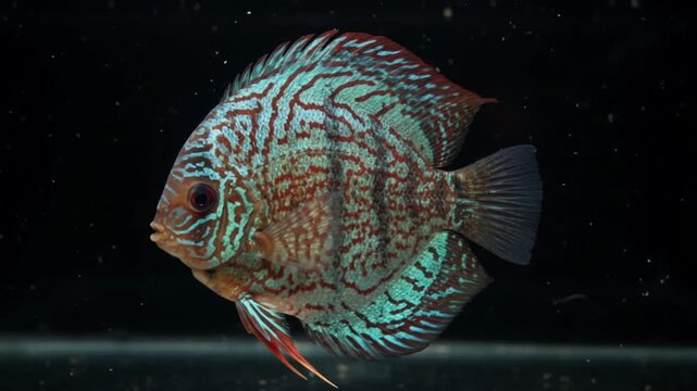 Colorful discus fish with turquoise and red patterned body swimming slowly in aquarium against black background, close-up 4K footage of tropical freshwater pet fish