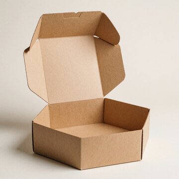 Open hexagonal cardboard box on neutral background. Brown paper container with lid flap provides empty space for mockup. Minimalist eco packaging template for product display, gift storage retail