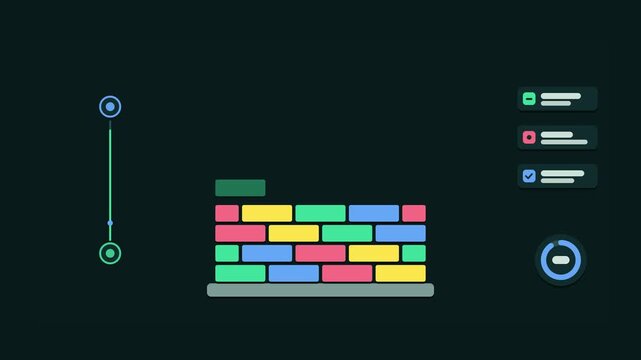 Seamless 4K looping animation of an abstract business metaphor: building something lasting stacking bricks. Flat vector shapes, glowing teal and turquoise details and dark interface cards with blank t
