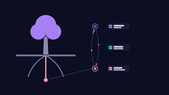 Seamless 4K looping animation of an abstract business metaphor: root cause tracing tree roots. Flat vector shapes, glowing purple and violet details and dark interface cards with blank text placeholde