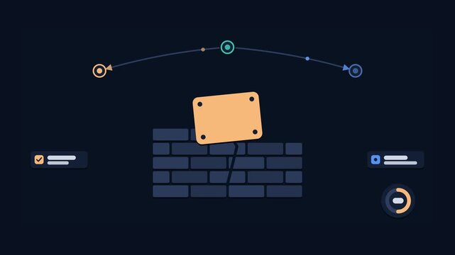 Animated conceptual scene showing temporary fix patching cracked wall, drawn as a minimal vector metaphor in a modern dark mode style with neon blue and azure accents and placeholder cards. Smooth 4K 