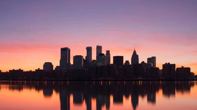 City skyline time-lapse from day to night with windows lighting up at sunset, establishing shot